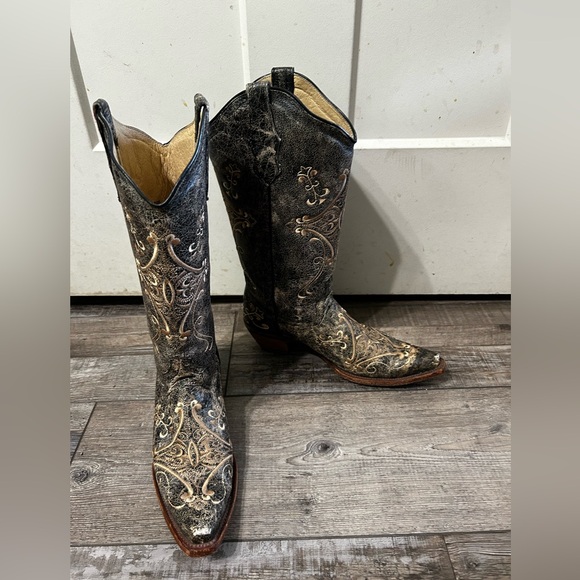 Circle G Swirl Snip Town Black/Brown Distressed Leather Embroidered Cowboy boot - Picture 3 of 13